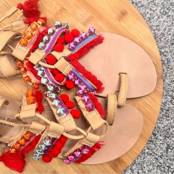 Sz 7.5 Barbara Barbieri Leather Lace Up Tassel Studded Pom Pom Strappy Sandals - Picture 7 of 13
